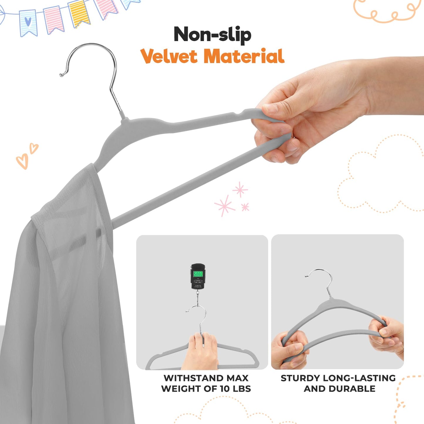 Babyrish Velvet Baby Hangers 30 Pack, Ultra Thin Nonslip Nursery Clothes Hangers (Grey)