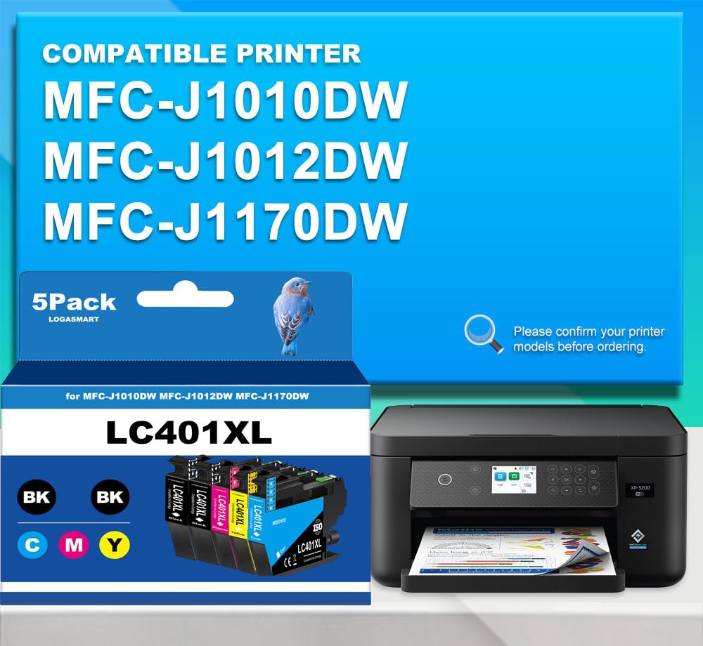 LC401XL Ink Cartridges for Brother Printer Compatible for Brother LC401 Ink Cartridges for Brother MFC-J1010DW MFC-J1012DW MFC-J1170DW Printer 5 Pack (2 Black, 1 Cyan, 1 Magenta, 1 Yellow)