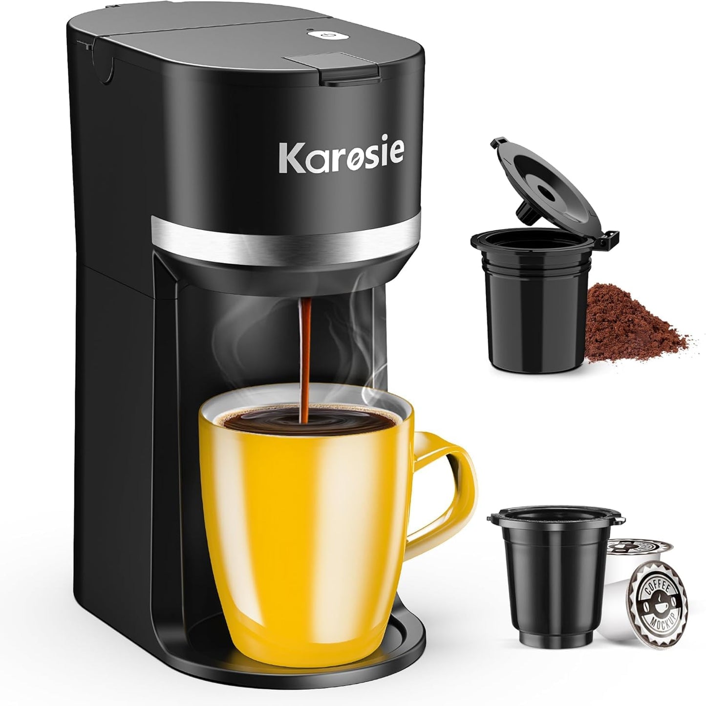 Single Serve Coffee Maker for K-Cup and Ground Coffee, Fast Brew, 6-12 oz Brew Sizes Single Cup Coffee Machine Fits 5.5" Mugs, One-Button Small Coffee Maker with Descaling Reminder, Black