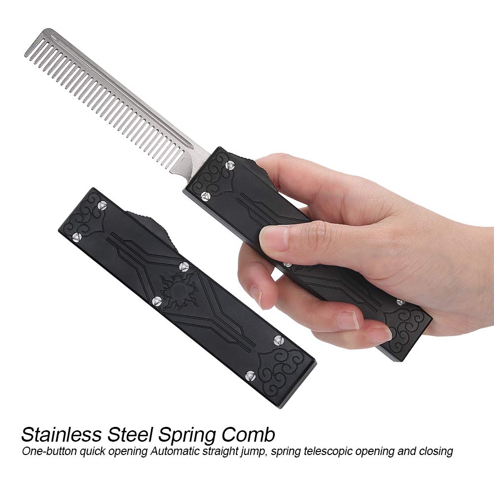 TeamSky Spring Comb Pocket Folding Flick Hair Comb For Beard, Mustache, Head Black Handle, Mens Pocket Comb Stainless Steel Spring Jump Brush Salon Beauty Tool