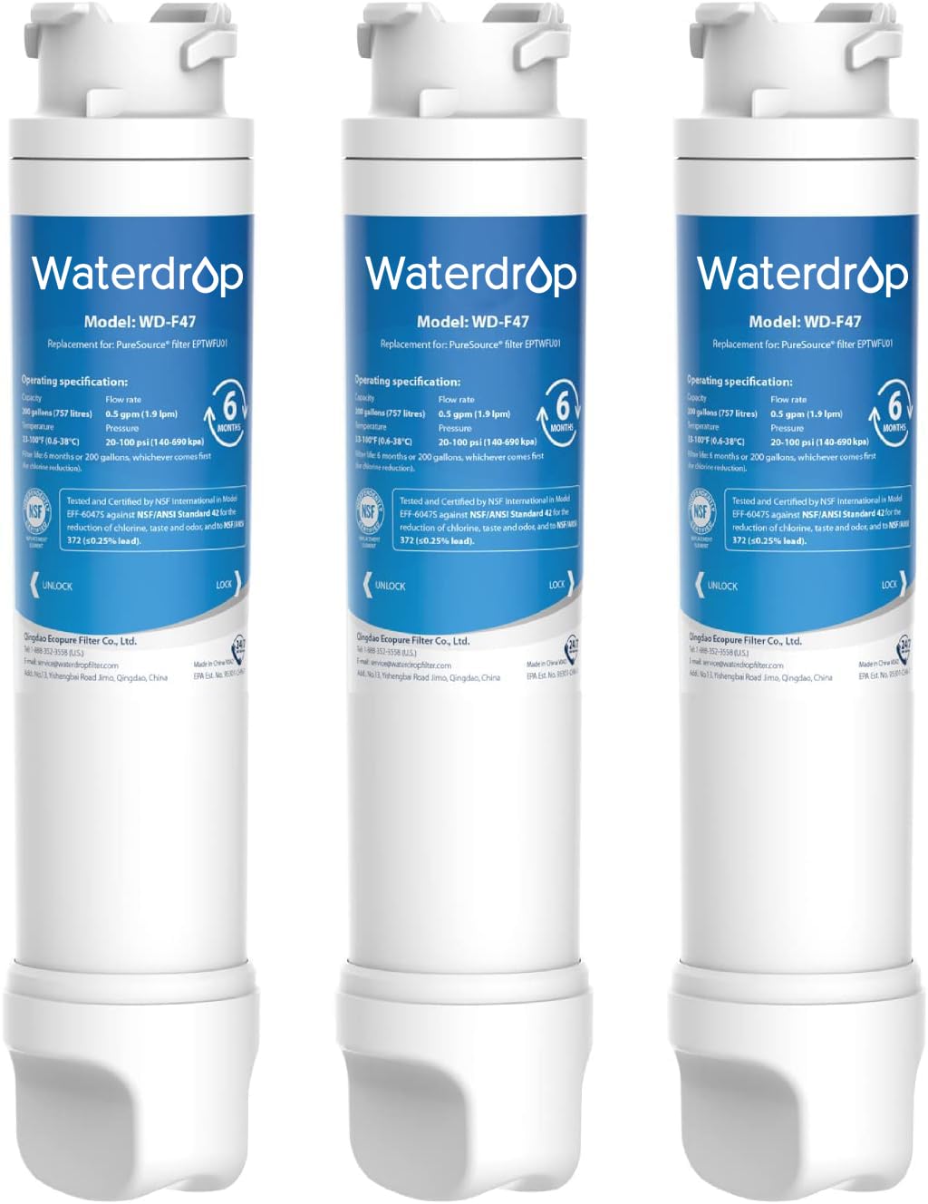 Waterdrop Refrigerator Water Filter Replacement for Frigidaire® EPTWFU01® Pure Source® Ultra II, FPBC2277RF, FPBG2277RF, FGHB2868TP, FFHD2250TD, FGSC2335TF, FGSC2335TD, LGHD2369TF, 3 Filters