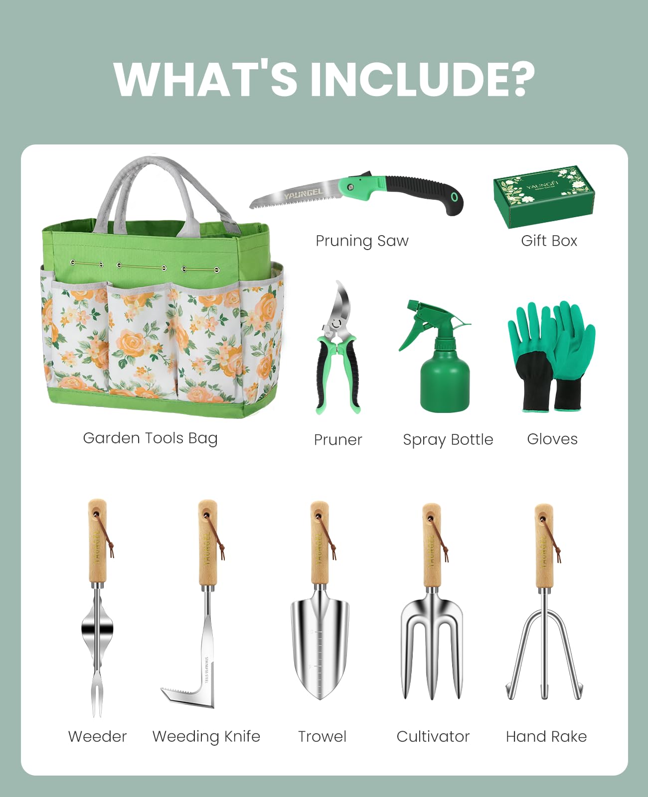 Gardening Tool Set for Women - 10 Piece Heavy Duty Stainless Steel Garden Tools Kit with Ergonomic Non-Slip Handle and Stylish Storage Tote Bag, Ideal Gardening Gifts for Mom, Grandma, Gardeners