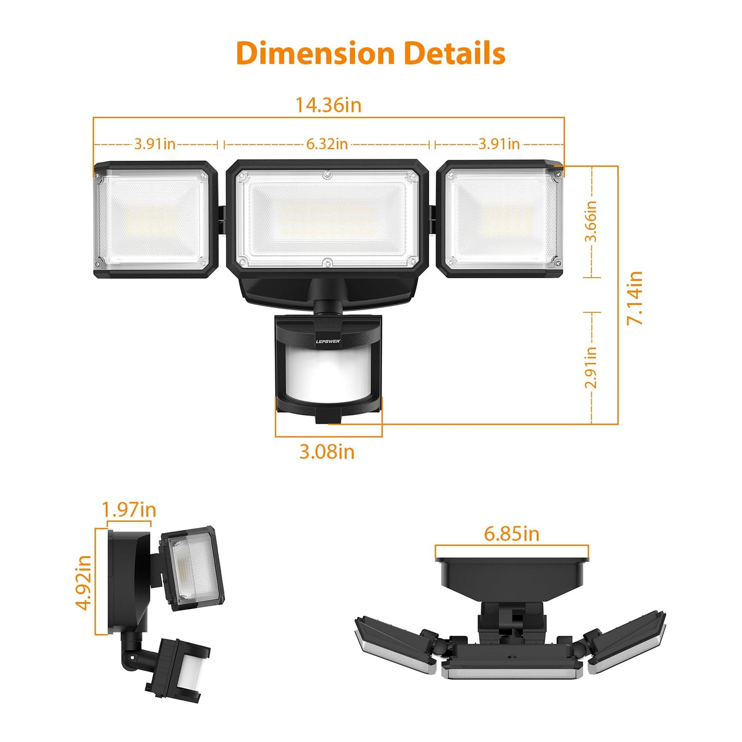 LEPOWER Battery Powered Motion Sensor Security Lights, 5000K LED Flood Light Outdoor,1500LM, IP65 Waterproof,Wireless Battery Operated Flood Light, 3 Head Motion Detector Light for Garage,Yard(Black)