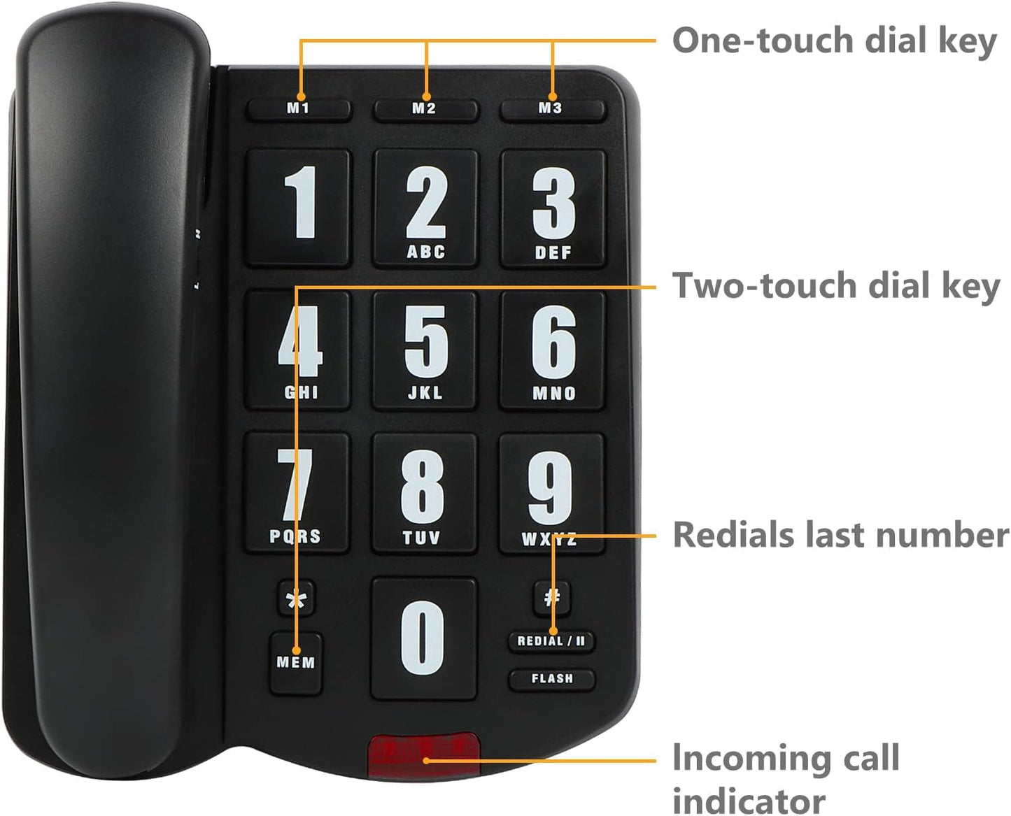 Big Button Telephone with Loud Volume, Uvital Landline Phone Support Adjustable Volume and One-Touch Speed Dials, Multifunctional Corded Telephone for Seniors, Home and Front Desk (Black)