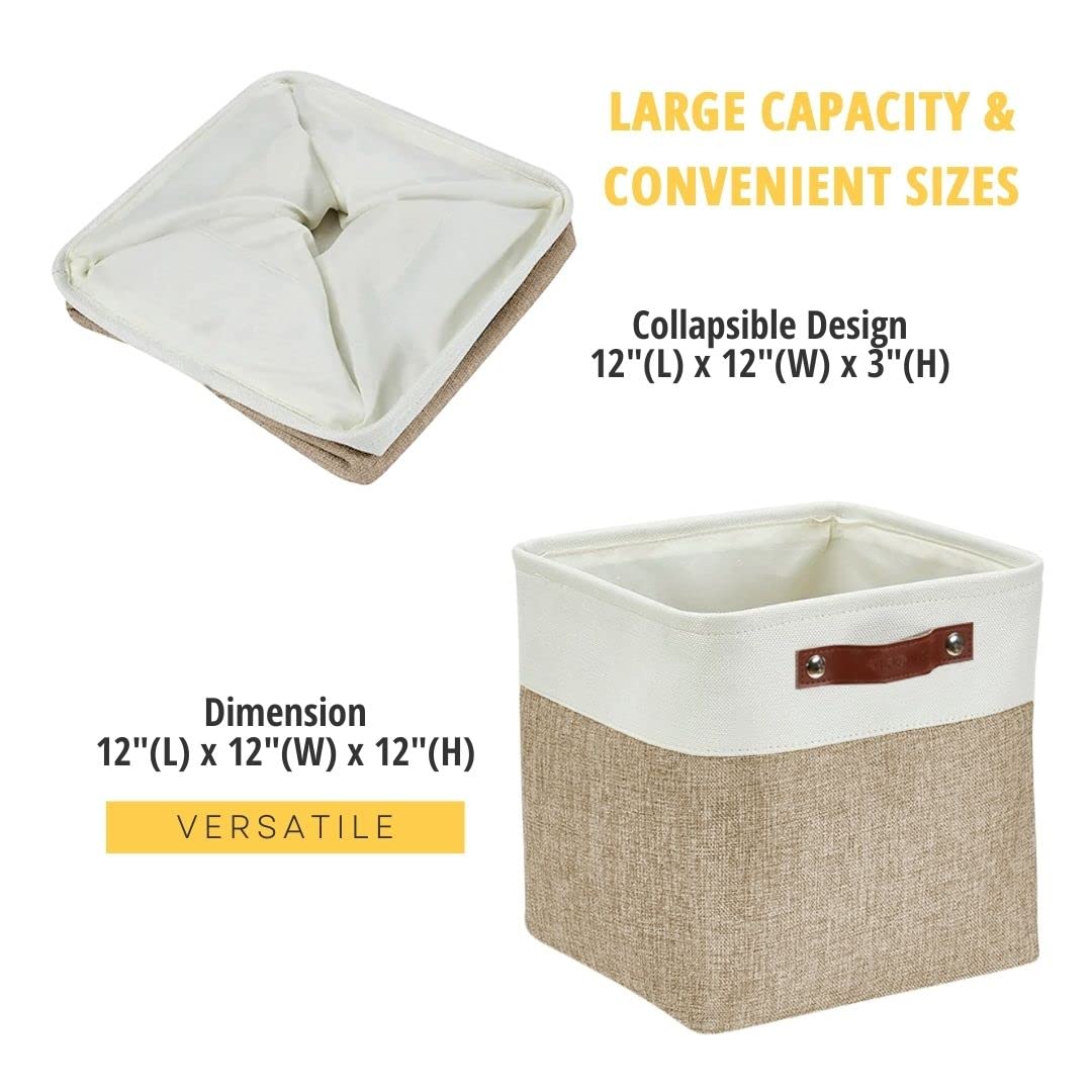 DECOMOMO Cube Storage Bin, Storage Baskets for Shelves, 12x12 inches Collapsible Fabric Storage Cubes (Beige & White, 4pcs)