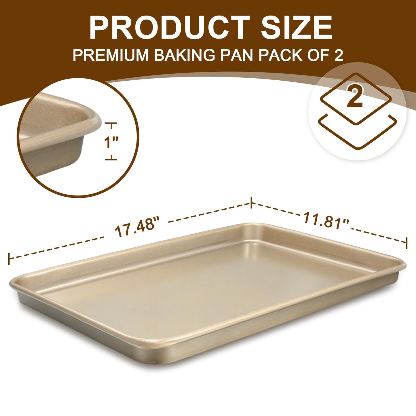 Wildone Baking Sheet Pan Set, Commercial Cookie Sheets for Oven, Nonstick Carbon Steel Half Sheet Pan 17.5x12in, Heavy Duty & Easy Clean（2 Pack）