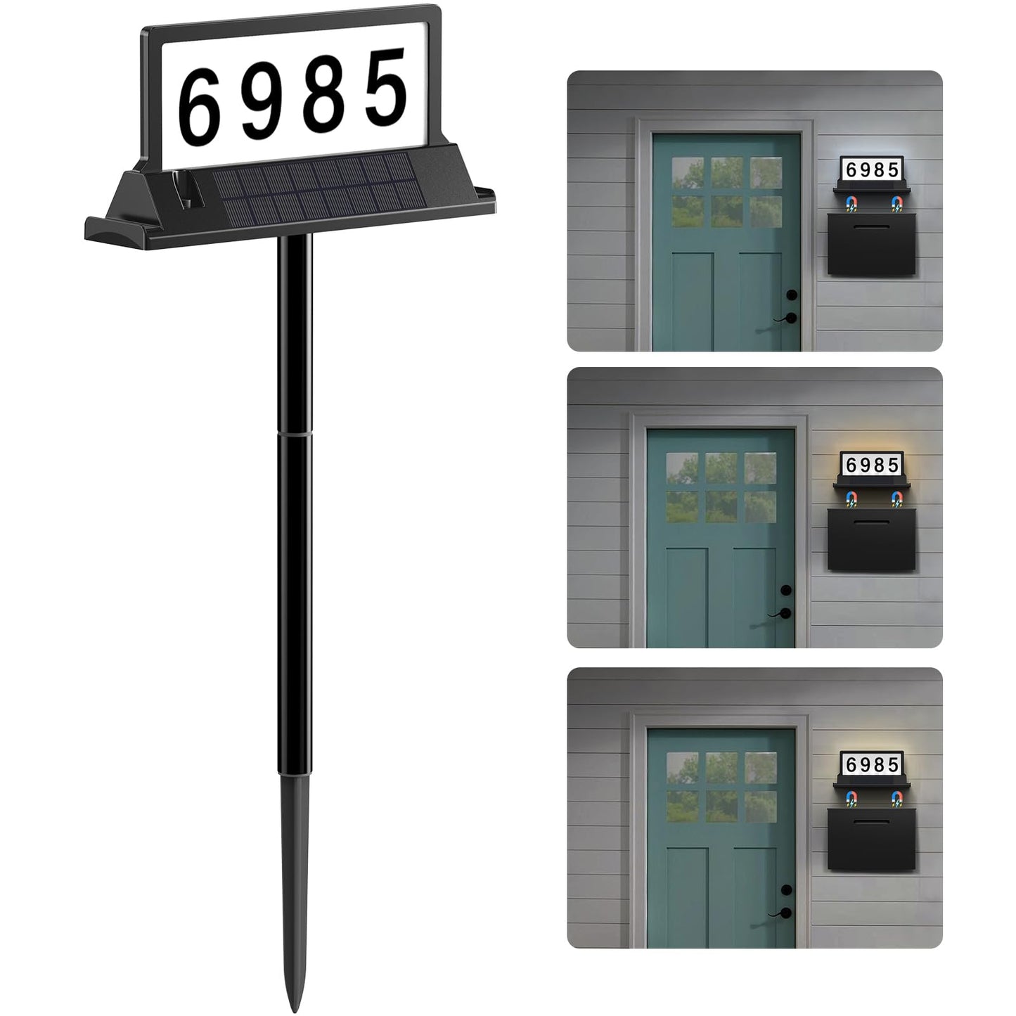 Solar Address Sign for House Numbers – Dual-Sided LED & Dual-Sided Solar Panels, 8 Color Modes, IP65 Waterproof Address Plaque, Strong Magnetic/Stake/Wall Mount, Dusk-to-Dawn for Mailbox Yard Driveway
