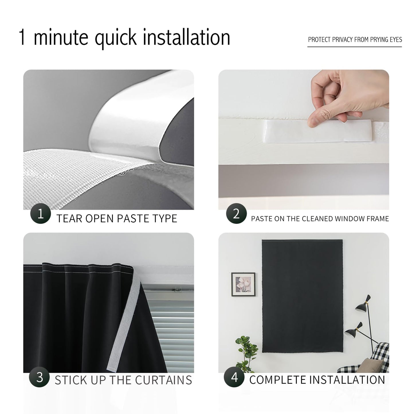 Adhesive Blackout Curtains- Self Stick Shades Window Blinds Curtains No Rod Needed Easy to Hang Curtains, Use for Bedroom, Living Room, Dining Room, Kitchen, Home Office, 47"W X 59"L, Black, 1 Panel