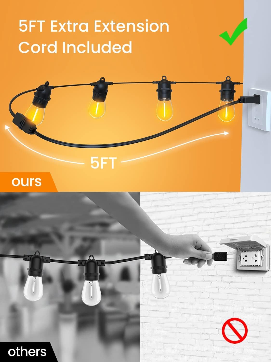 Quntis 53FT Outdoor String Lights, Waterproof Shatterproof Patio Lights String Outdoor with 15+1 Bulbs, Connectable Led Outdoor Lights for Backyard Balcony Gazebo Pergola Bistro Deck Party, Warm White