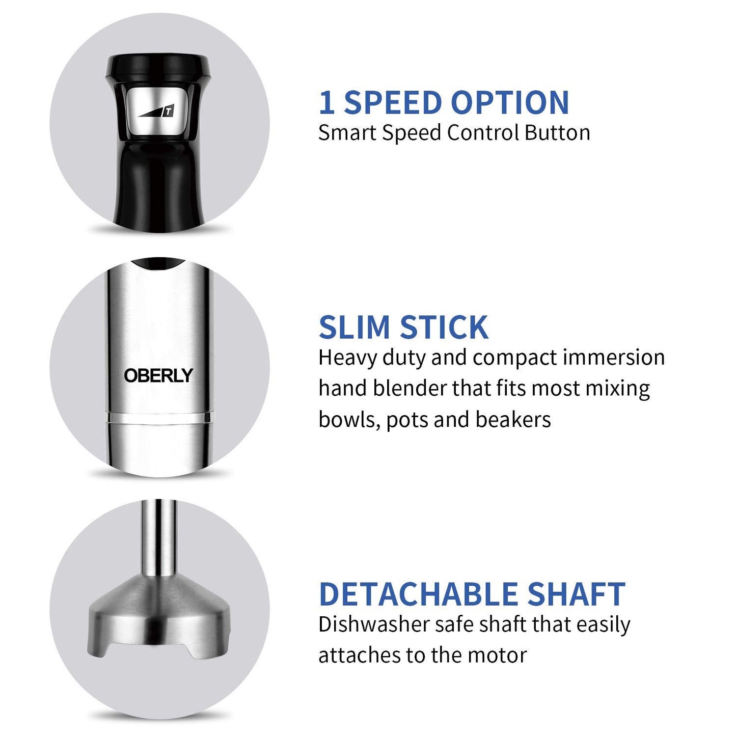 Immersion Hand Blender Electric, OBERLY 500W Heavy Duty 3-in-1 Handheld Stick Mixer, Smart Stepless, Stainless Steel Blade with Milk Frother, Egg Whisk for Coffee Foam, Smoothies and Puree