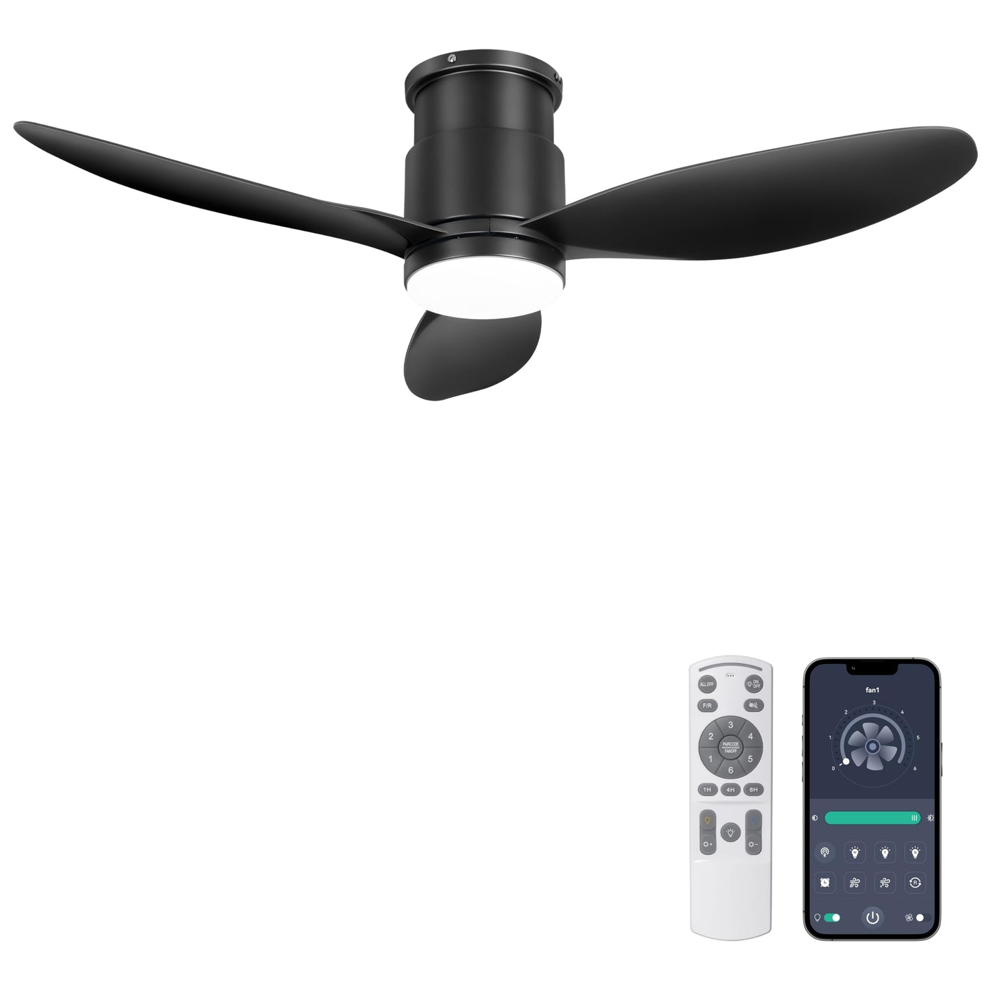 Ohniyou 42'' Flush Mount Ceiling Fan with Light, Remote & App Control, 3 Colors & Dimmable, Silent DC Motor, Low-Profile Indoor Fan for Bedroom, Kitchen, Living Room (Black)