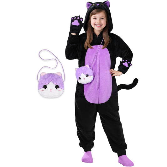 Black Cat Costume for Girls, Kids Hooded Cat Noir Onesie with Purse Bag, Girls Halloween Costumes for Kids Age 5-10