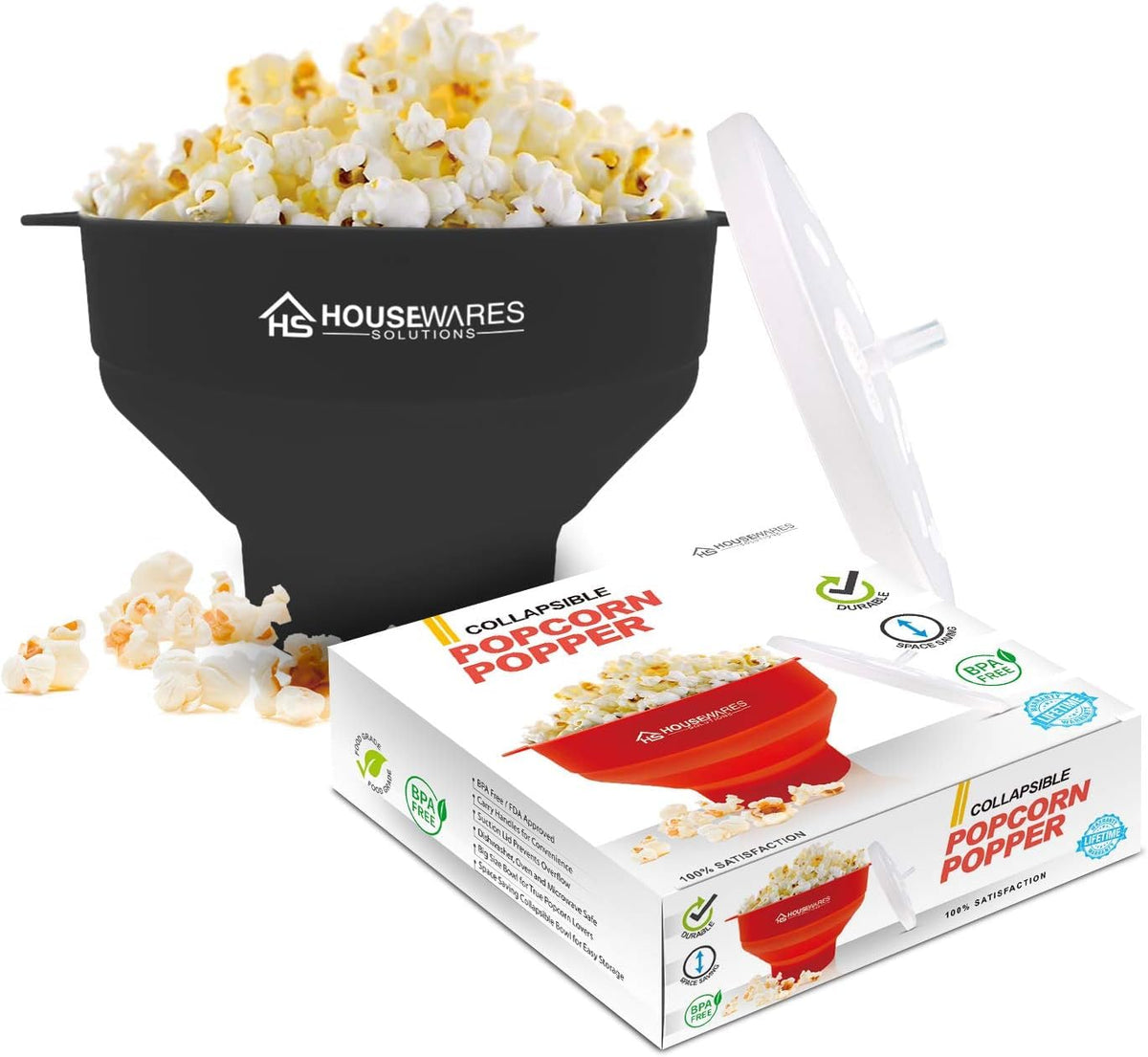 Collapsible Silicone Microwave Hot Air Popcorn Popper Bowl With Lid and Handles - Black