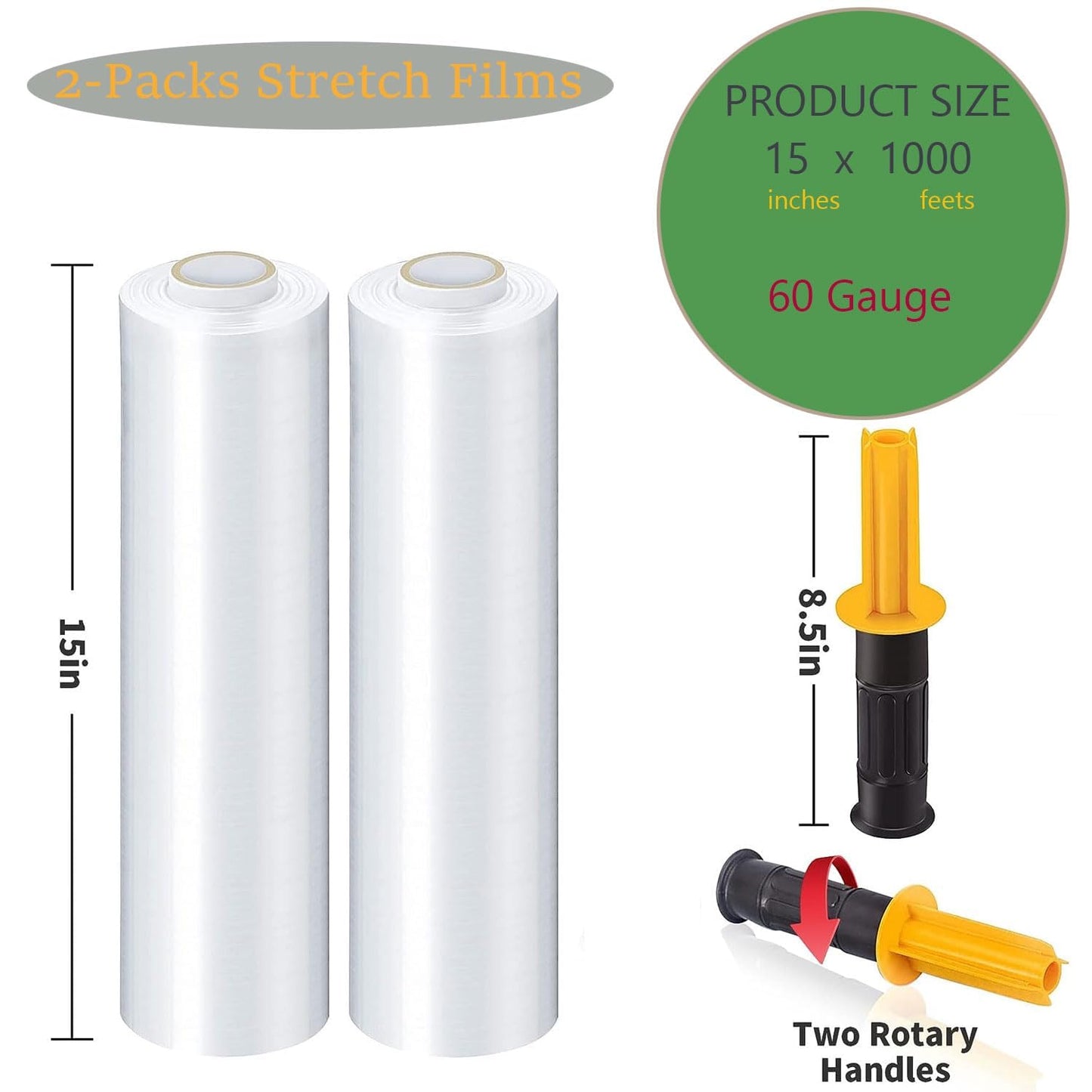 2 Packs Stretch Wrap Stretch Film 15" X 1000 Feet Shrink Wrap Packing Moving Suppliers 60 Gauge Plastic Wrap for Pallet Wrapping Shipping and Surface Protection (2PACKHANDLE)
