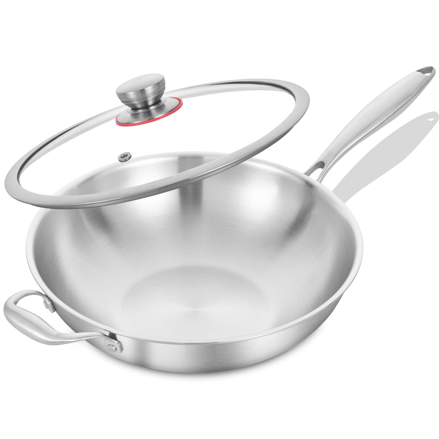 LOLYKITCH 12 Inch Tri-Ply Stainless Steel Wok Pan with Lid, Stir-Frying Pan,Induction Cooking Pan,Dishwasher and Oven Safe,Heavy Duty and Detachable Handle