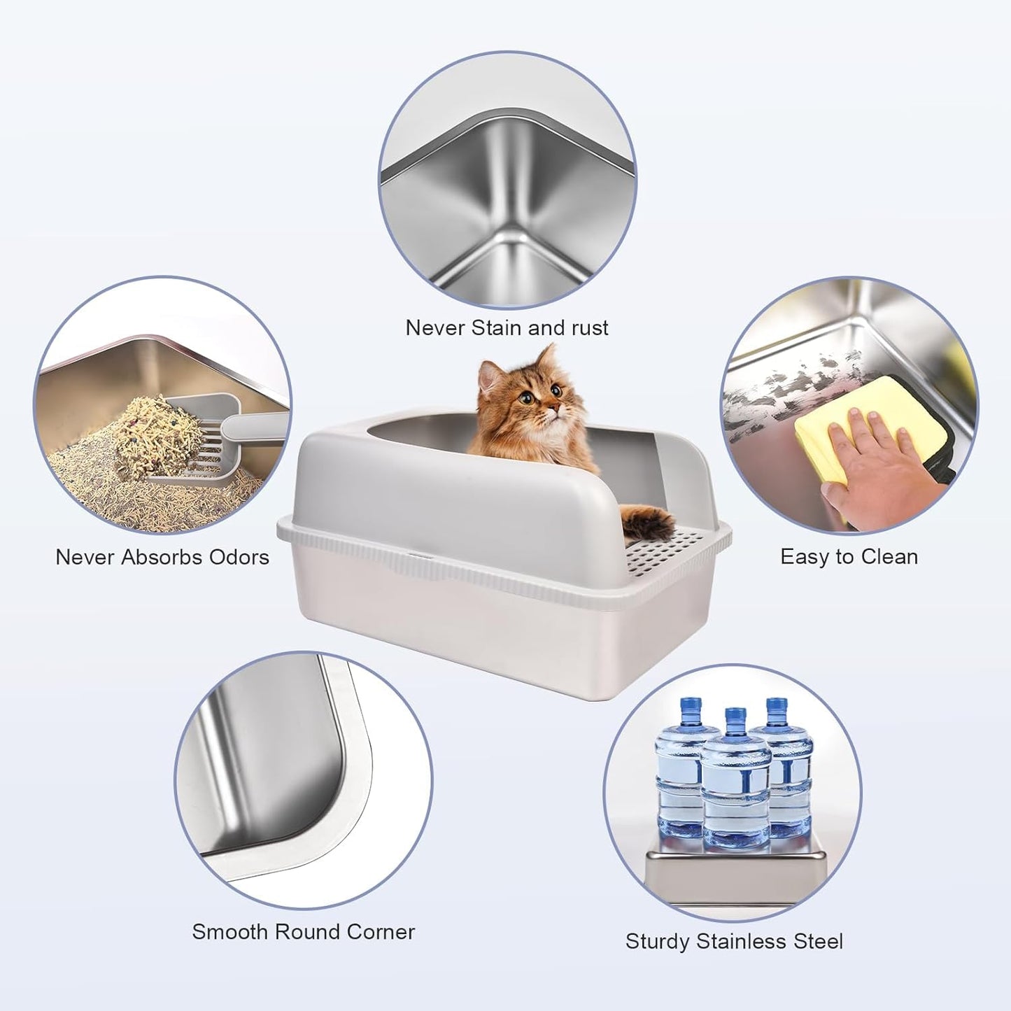 Stainless Steel Cat Litter Box with Lid, 20" L x 14.2" W x 11.8" H, Extra Large Litter Box for Big Cats with High Sided, Anti-Urine Leakage, Easy Cleaning (Light Grey)