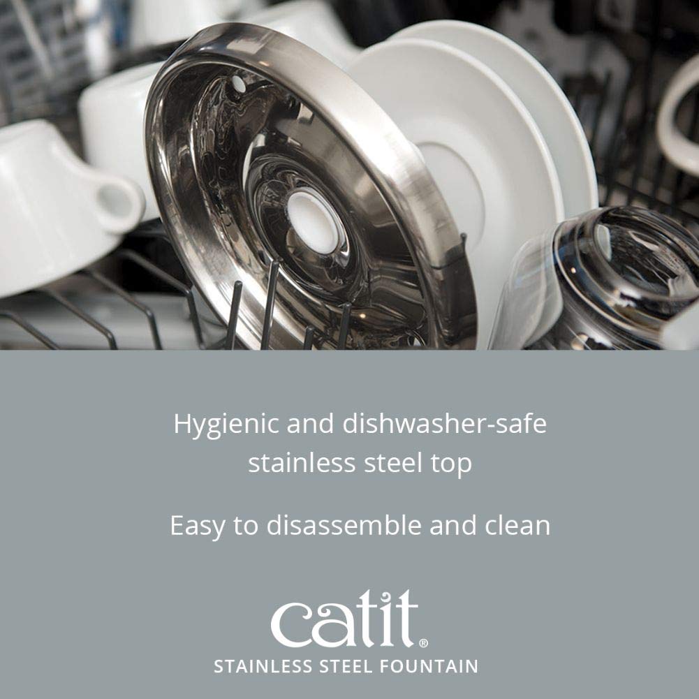 Catit Stainless Steel Top Cat Water Fountain 2 L White, Modern Cat Fountain, Triple Filtration, Fontaine Pour Chat, Pet Water Fountains, Perfect for Indoor Cats