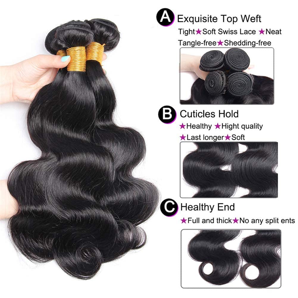 Datanala Brazilian Virgin Body Wave Human Hair 3 Bundles 100% Unprocessed Virgin Body Wave human hair bundles weave human hair Long Inch Extension Natural Black Color for Women (12 14 16Inch/NEW, Body Wave Bundles)