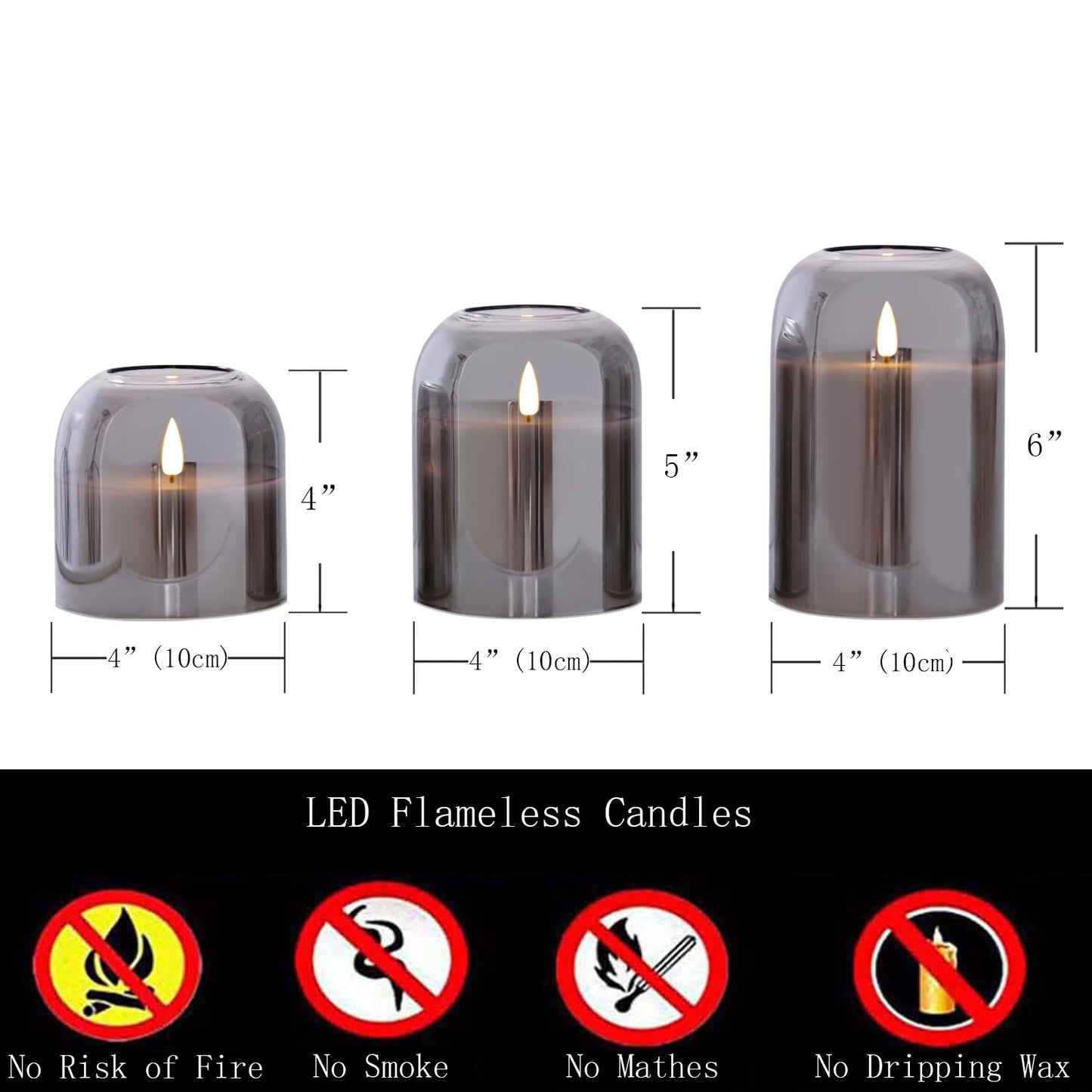 volnyus Gray Glass Flameless Candles Set of 3 (Φ 4" H 4" 5" 6") with Remote Battery Operated Flickering LED Pillar Candles Real Wax 3D Wick