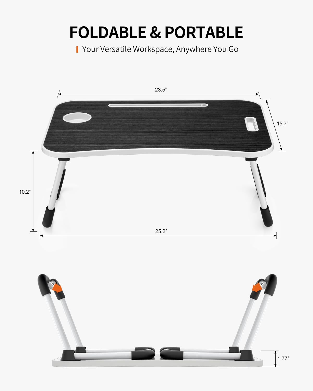 FISYOD Folding Laptop Table, Portable Lap Desk for Bed and Sofa, Laptop Stand with Cup Holder and Tablet Slot and Lift Handle for Work, Writing, Drawing and Eating