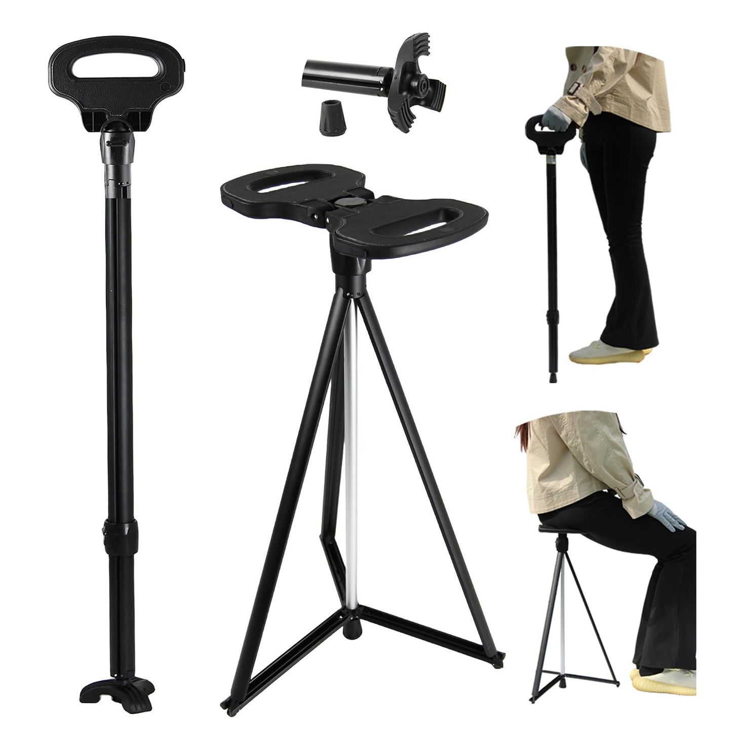 PLOGGING Walking Cane with Seat for Men & Women,Portable Cane Seat with Carry Bag,Lightweight Anti-Slip Walking Stick for Seniors & Adults,Foldable Adjustable Crutches Chair for Travel Hiking