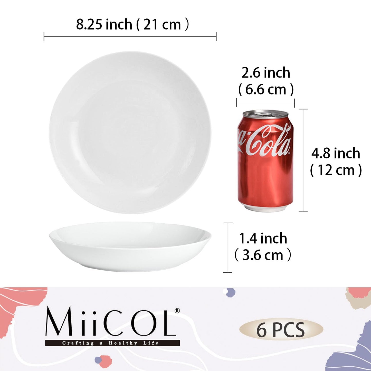 Miicol White Pasta Bowls 28 oz / 800ml, Ceramic Salad Bowls Set of 6, Wide and Shallow Serving Bowl 8.25 inch / 21cm, Large Pasta Plates, Serving Dish for Soup, Dinner, Microwave and Dishwasher Safe