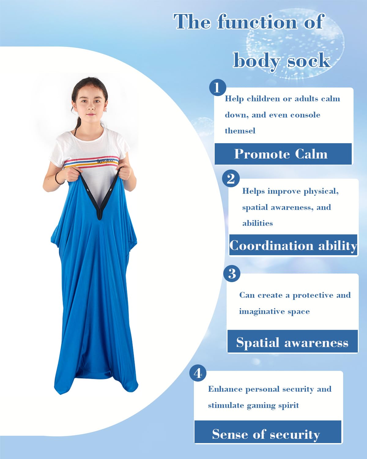 TOPARCHERY Sensory Sox Body Socks ，56" x 27" Full Wrap to Relieve Stress Deep Pressure Simulation，Good for Height: 52"-61" Large, Blue