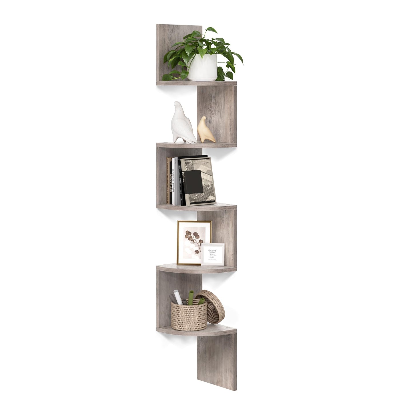 VASAGLE Corner Shelf Wall Mount, 5-Tier Floating Corner Bookshelf, Plant Shelf for Bedroom, Living Room, Bathroom, Home Office, Heather Greige