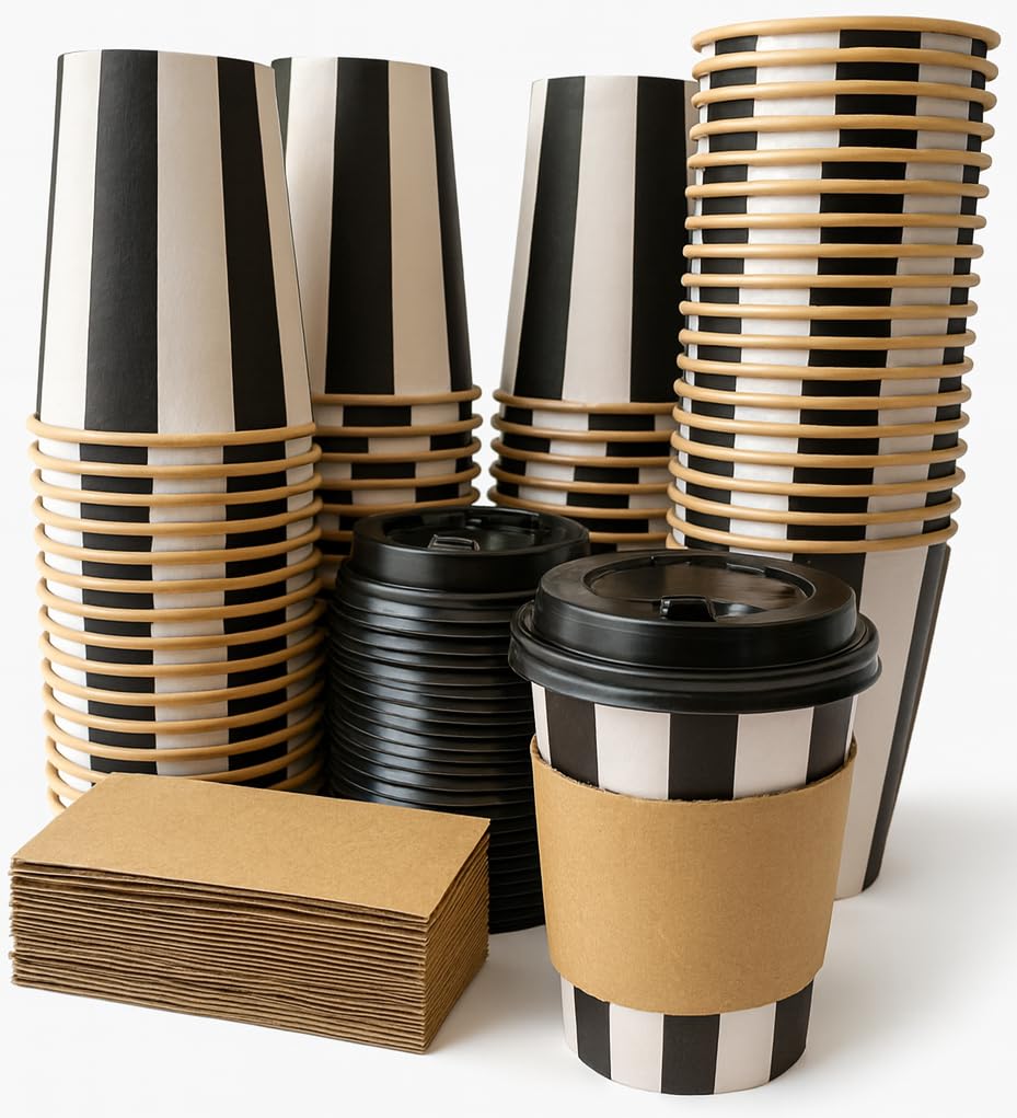 100 Pack - 12 oz Disposable Coffee Cups with Lids and Sleeves - Double Wall Kraft Paper to-Go Hot/Cold Cups with Lids - Thickened Coffee Paper Cups for Office, Restaurant, Party, Cafe & Takeout