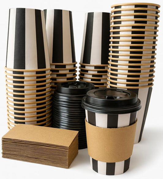 100 Pack - 12 oz Disposable Coffee Cups with Lids and Sleeves - Double Wall Kraft Paper to-Go Hot/Cold Cups with Lids - Thickened Coffee Paper Cups for Office, Restaurant, Party, Cafe & Takeout