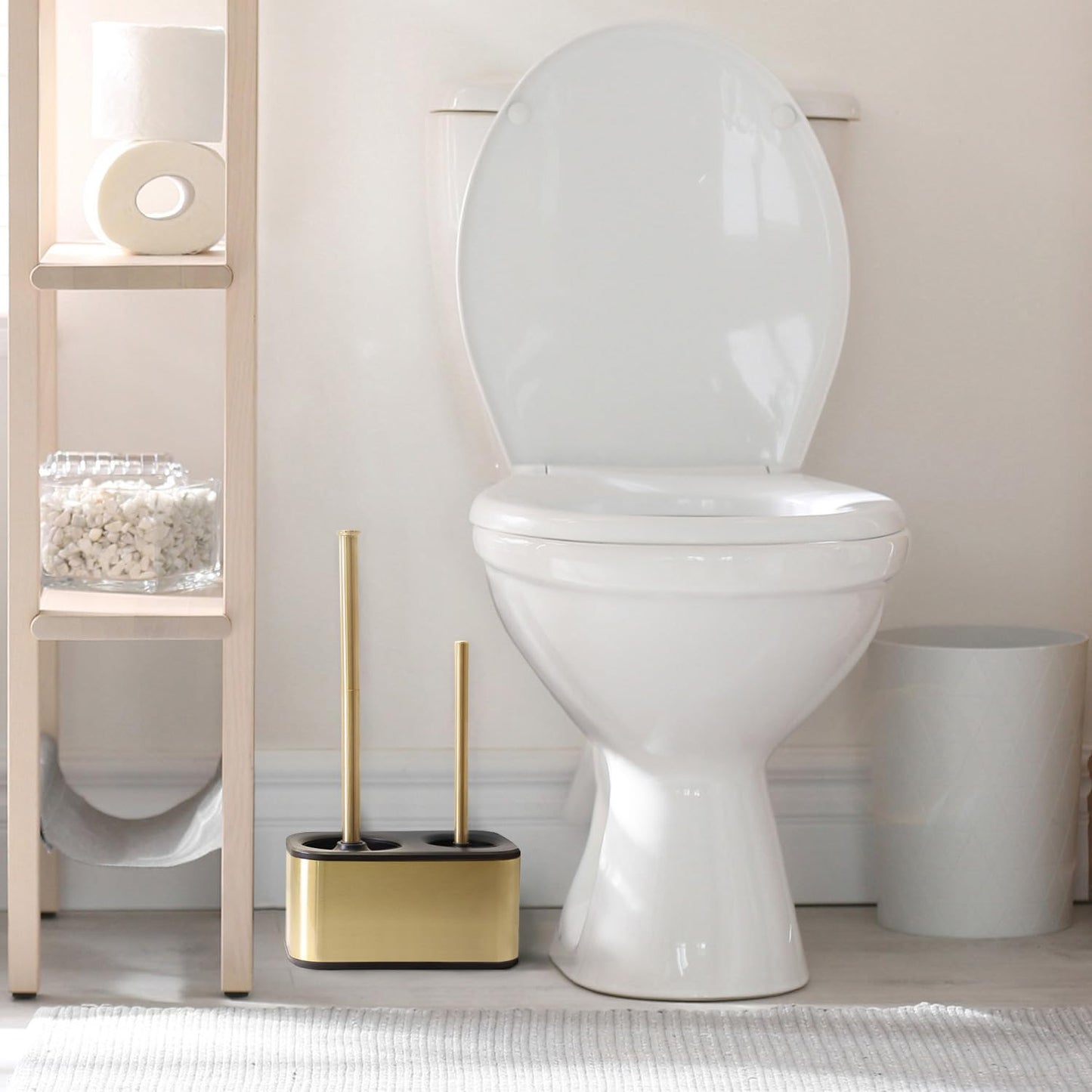 Blue Donuts Toilet Brush and Plunger Set with Holder, Sleek Minimalist Modern Gold Bathroom Accessories Toilet Plunger and Toilet Bowl Brush Combo