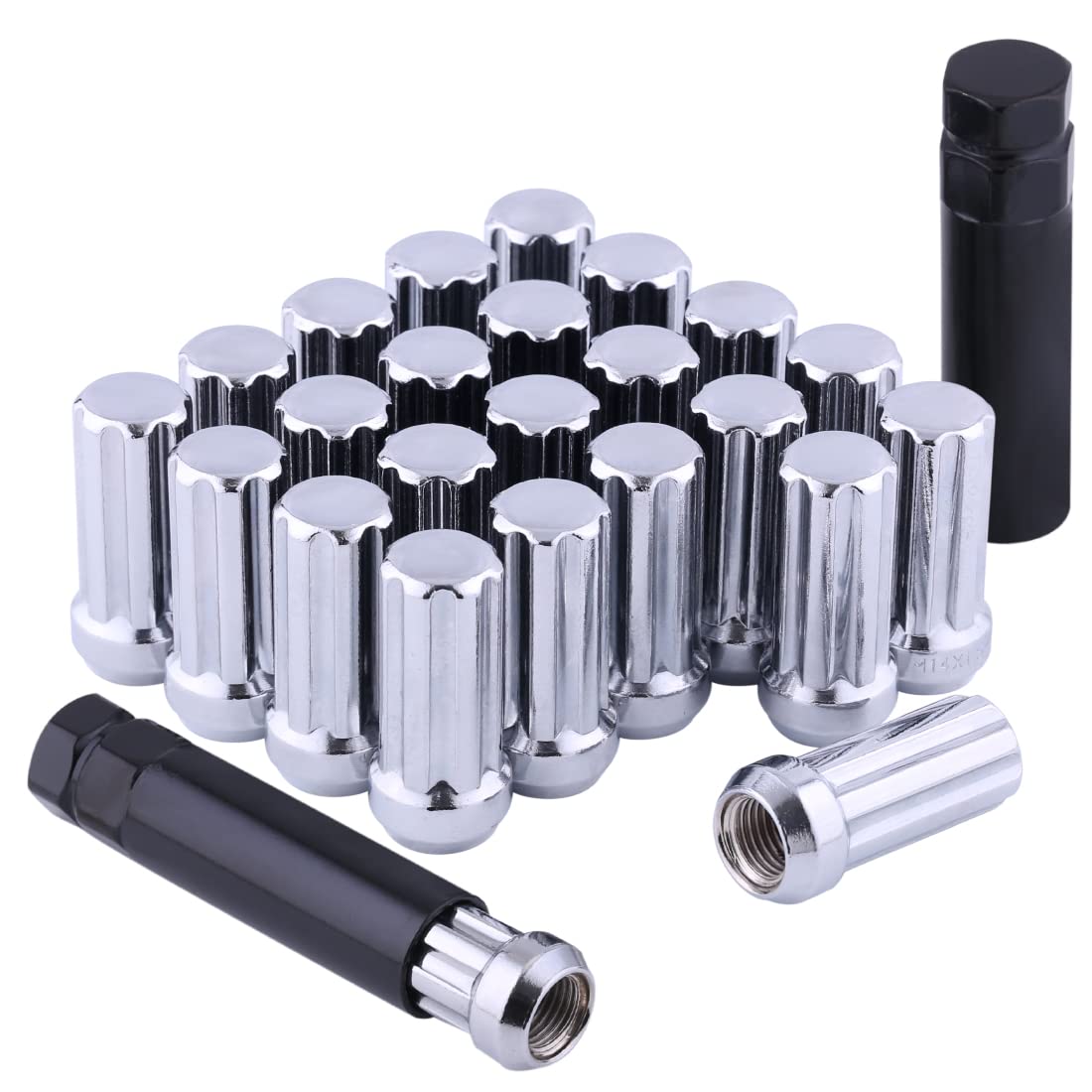 M14x1.5 Chrome Lug Nuts 2" Tall Set of 24 With 2 Socket Keys - Spline Acorn Aftermarket Wheel Lug Nut for Silverado Suburban Avalanche