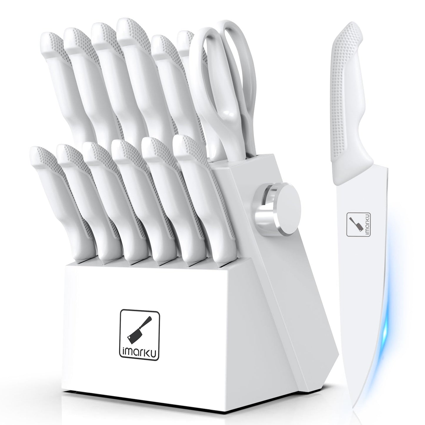 imarku Knife Set with Block, Sharp Knives Set with Built-in Sharpener, 14 PCS Japanese Stainless Steel Kitchen Knife Set, Dishwasher Safe, White, Ideal Home Cooking Gift for Mom