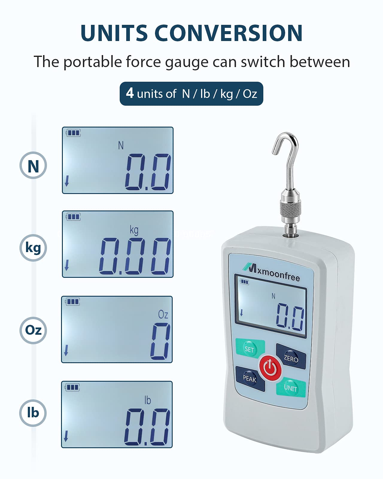 Mxmoonfree 50N Digital Force Gauge Push Pull Gauge Portable Force Meter with Units N/LB/Kg/Oz, Storage Case, Auto Backlit LCD, Auto Power-Off (ZMF-50N)
