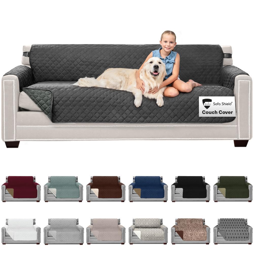 Sofa Shield Couch Cover for Dog and Pets, Couvre Protector for Sofas, Reversible Stain Resistant Housse Canapé, Quilted Microfiber 198 cm 3 Seat, Oversized Patented Slipcover with Strap, Charcoal