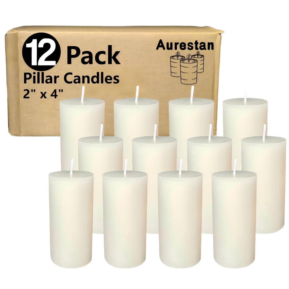 Aurestan 12 Pack Unscented Pillar Candles, 2x4 Inch Classic Ivory White, 30-Hour Burning Smokeless Candles for Wedding Decorations, Centerpieces, Emergency Kit, Dinner, Home Gatherings & SPA