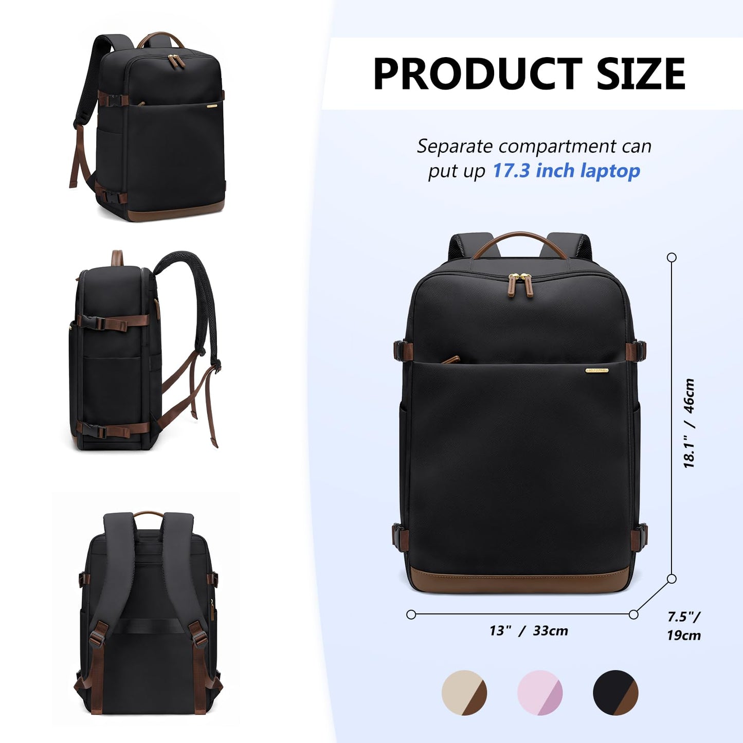 Travel Backpack for Women & Men, 30L Backpack with 17.3 Inch Laptop Compartment, TSA Approved Large Capacity Daypack for Travel, Business, Hiking (Black)