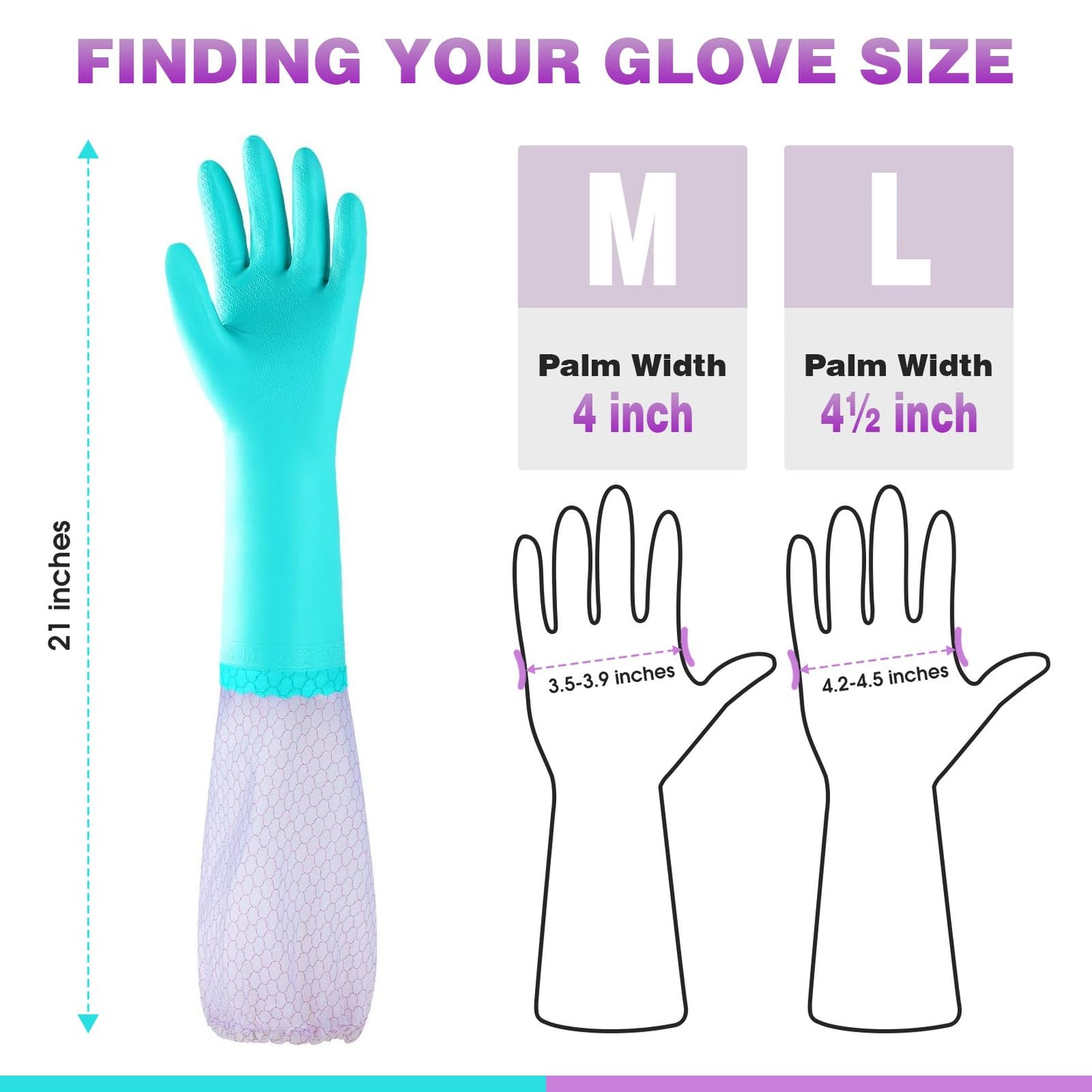 Reusable Dishwashing Cleaning Gloves with Latex Free, Long Cuff,Cotton Lining,Kitchen Gloves 2 Pairs (Large, Purple+Blue)