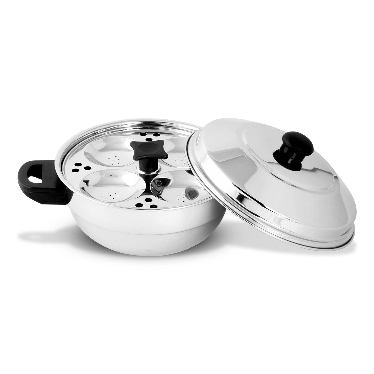 KSJONE Stainless Steel 4 pcs Multi Kadai (Induction Friendly) with Stainless Steel lid, 2 idli Plates (8 Idlis), 1 patra Plate, Silver
