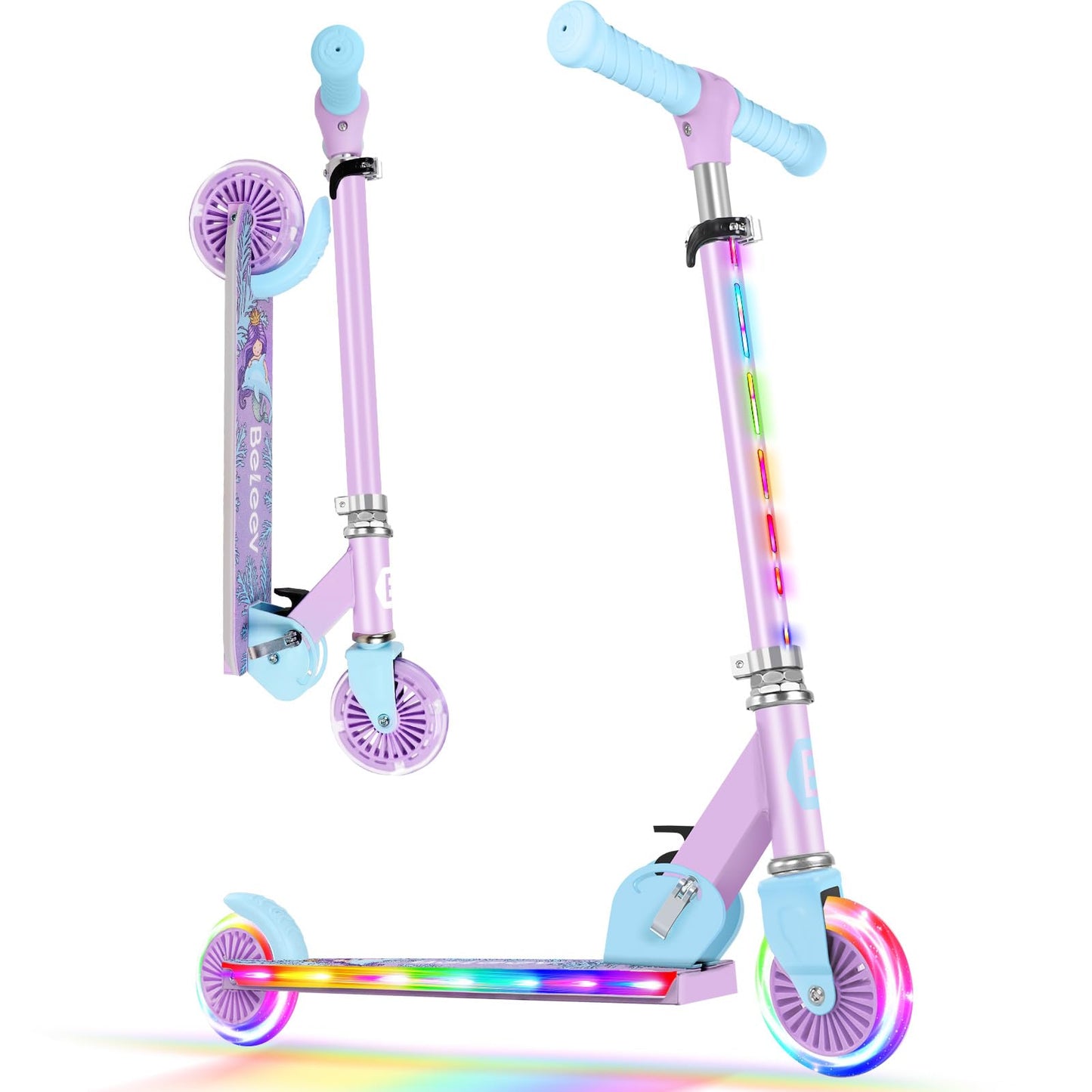 BELEEV V2 Scooters for Kids with Light-Up Wheels & Stem & Deck, 2 Wheel Folding Scooter for Girls Boys, 3 Adjustable Height, Non-Slip Deck, Lightweight Kick Scooter for Children Ages 3-12 (Purple)