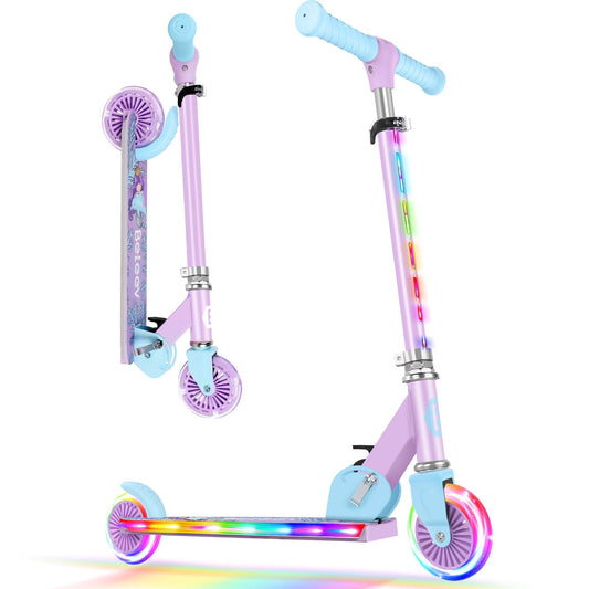 BELEEV V2 Scooters for Kids with Light-Up Wheels & Stem & Deck, 2 Wheel Folding Scooter for Girls Boys, 3 Adjustable Height, Non-Slip Deck, Lightweight Kick Scooter for Children Ages 3-12 (Purple)