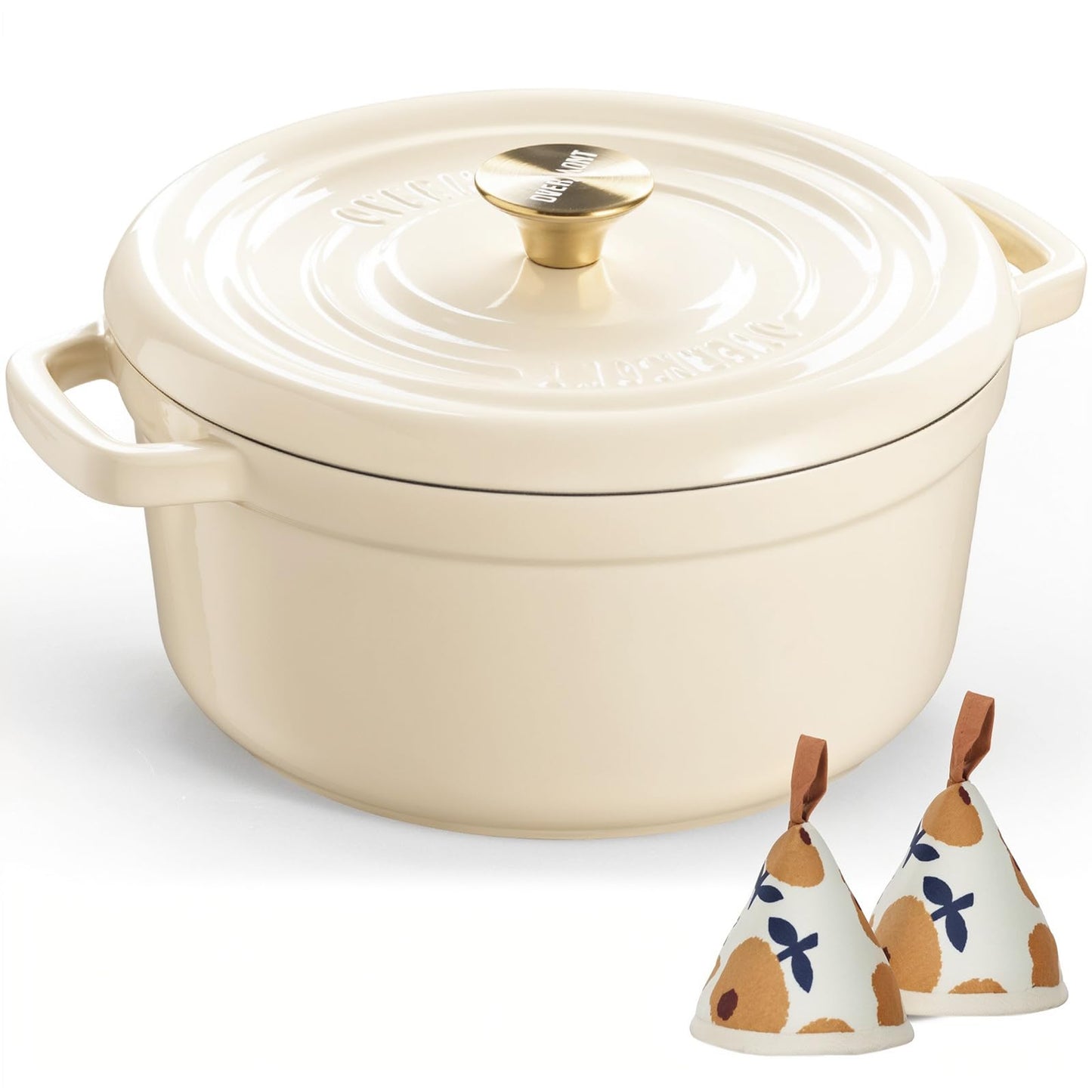 Overmont 5QT Cast Iron Dutch Oven - Dual Widened Handles -Enameled Pot with Cookbook - Heavy-Duty Enamel Cookware with Cotton Potholders for Braising Stews Roasting Bread Baking