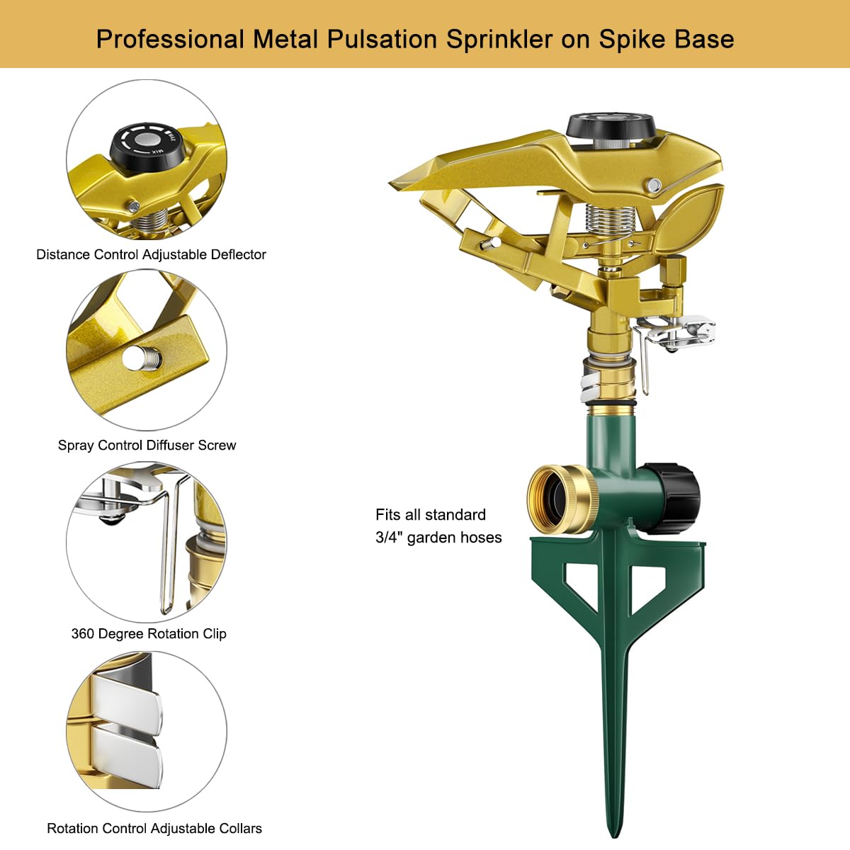 FANHAO Heavy Duty Pulsating Lawn Sprinkler on Spike Base, 100% Metal Impact Sprinkler with Adjustable Spray Pattern for Lawn Yard Irrigation, 360 Degree Large Area Coverage, Covers Up to 5800 sq. ft