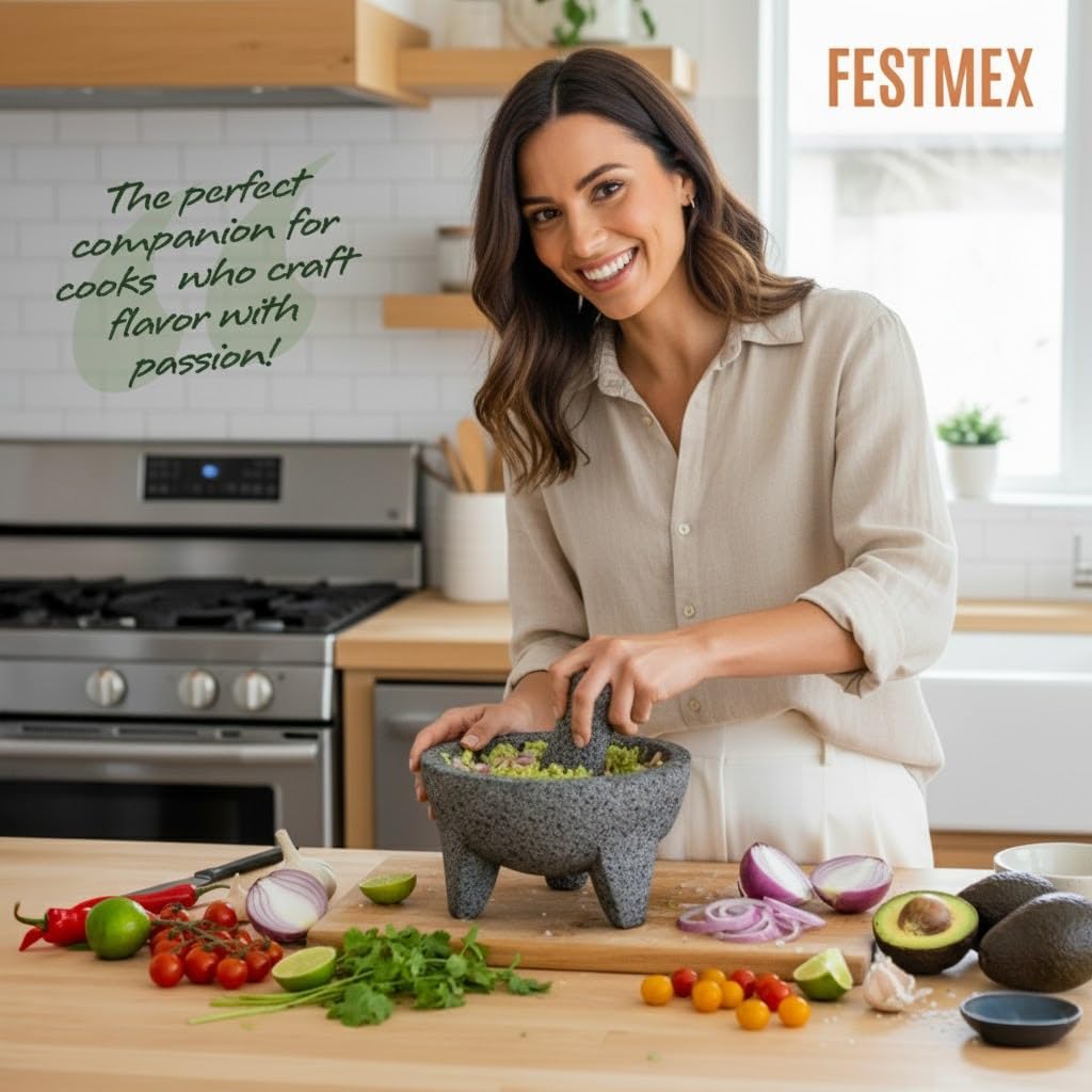 Genuine Handmade Mexican Mortar and Pestle, Molcajete de Piedra Natural Volcanica Stone, Heavy & Durable, Perfect for Homemade Salsas, Guacamole, and other Molcajete Plates | Made in Mexico (8 Inches)