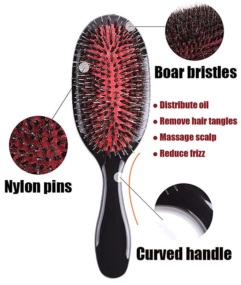 Boar Bristle Detangling Paddle Hair Brush for Curly Fine Straight Natural Tangled Hair, Anti-frizz Boar Nylon Mixed Bristle Styling Hairbrush for Women Men