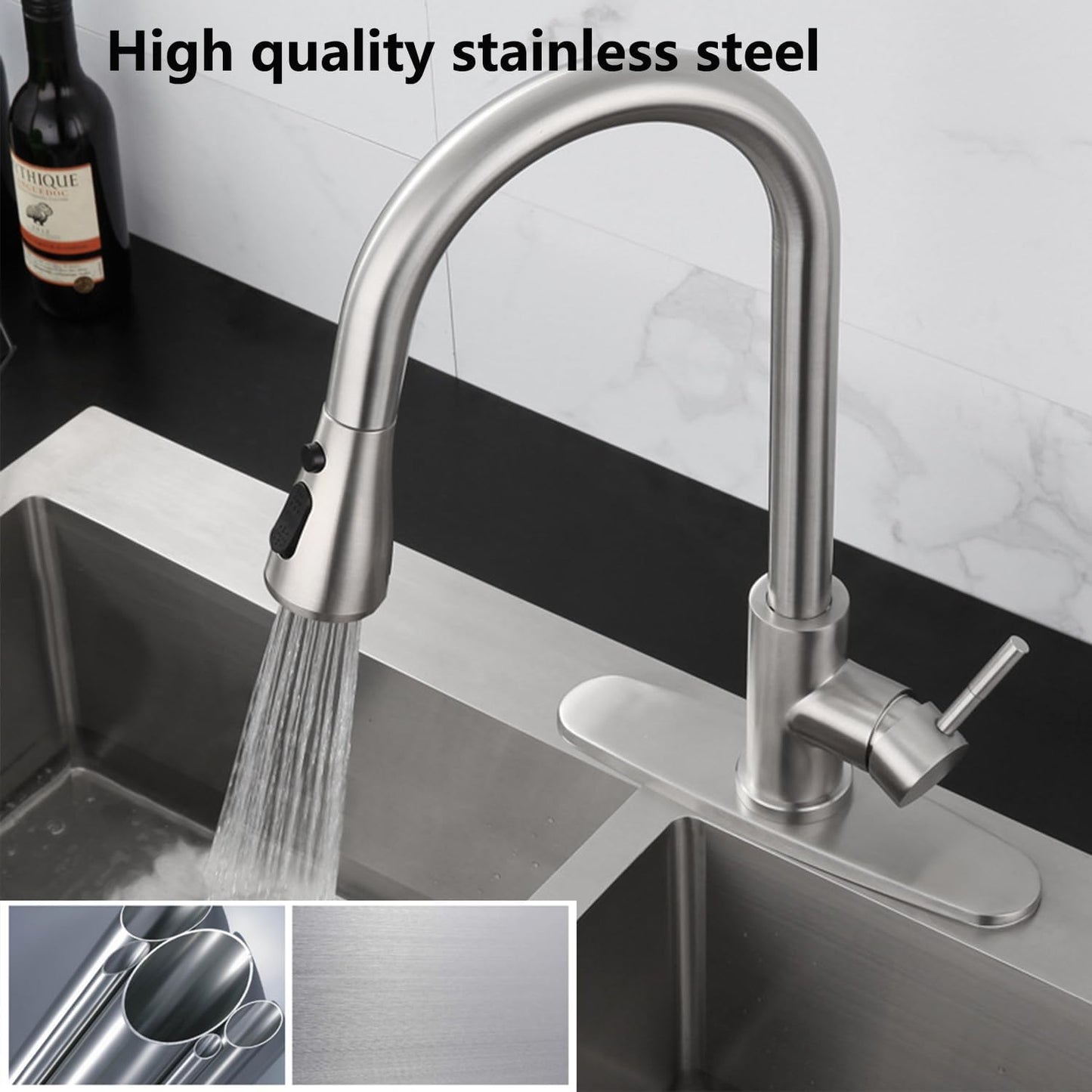 YUUTY Kitchen Sink Faucet with Pull Down Sprayer, Single Handle High Arc Brushed Nickel Tap, 360° Swivel for Farmhouse, Utility, Bar, RV, Laundry Sink, Easy Installation