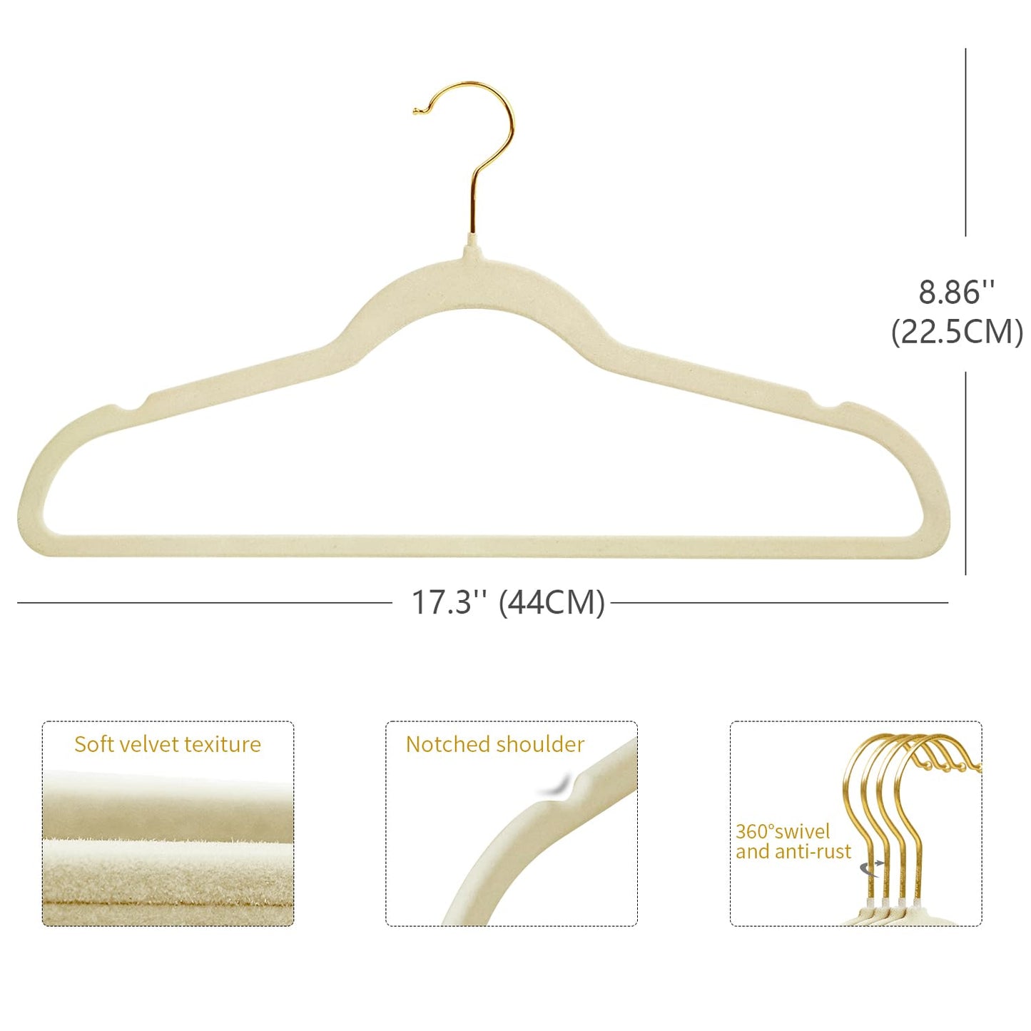 ManGotree Velvet Coat Hangers with 360° Swivel Gold Hook, Non-Slip Felt Suit Hangers, Ultra-Thin Space Saving Clothes Hangers for Coat, Suits, Shirt, Dress, Pants (36 Pack, Beige)