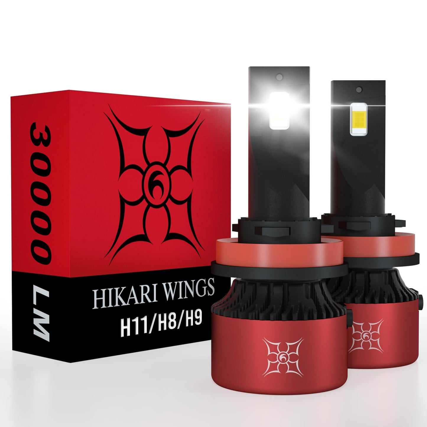 HIKARI WINGS H11 LED Headlight Bulbs, 30000LM 500% Ultra Bright Plug and Play Conversion Kit, 6000K Cool White, IP68 Waterproof, H8, H9, H16 Halogen Replacement, Pack of 2