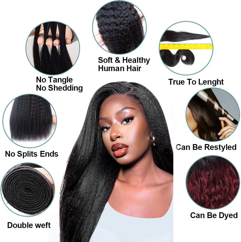 Kinky Straight 3 Bundles Human Hair Weave 14 16 18 inch 10A Yaki Straight Bundles Human Hair Extensions for Women 100% Unprocessed Brazilian Virgin Hair Bundle Natural Color