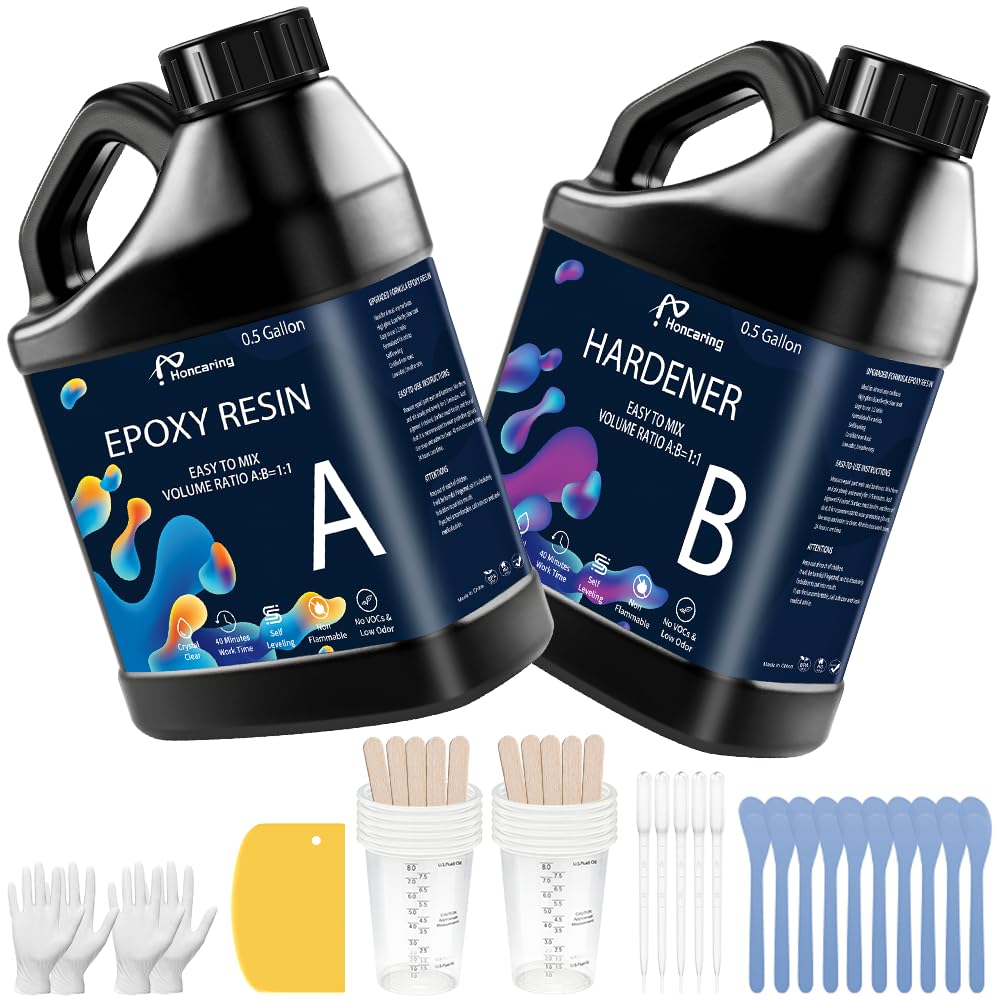 Honcaring Epoxy Resin 1 Gal Kit, Clear Beginner-Friendly Kit, Less Bubble & Low Odor Resin Epoxy for Casting, Jewelry Making, Crafts, Easy Mix Ratio 1:1 (0.5 Gallon×2)